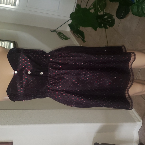 Alice xs strapless mesh overlay shiny red embroidered dot pattern smocked back - Picture 1 of 10